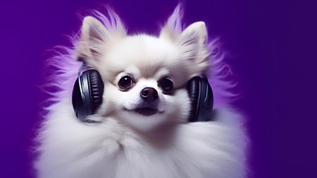 Photo of pomeranian dog using headphone  on purple backgroundの素材
