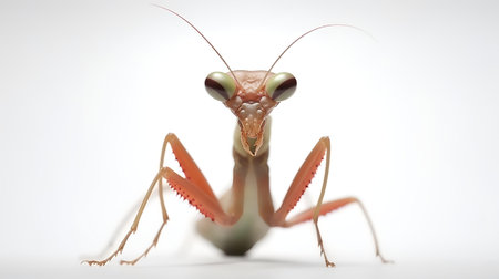 Photo of a praying mantis on white backgroundの素材
