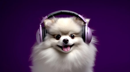 Photo of pomeranian dog using headphone  on purple backgroundの素材