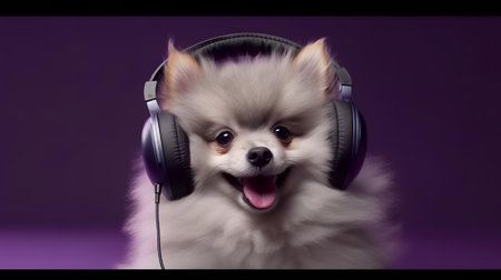Photo of pomeranian dog using headphone  on purple backgroundの素材