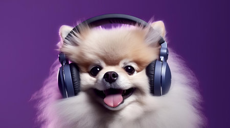 Photo of pomeranian dog using headphone  on purple backgroundの素材