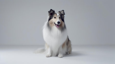 Photo of a rough collie on white backgroundの素材