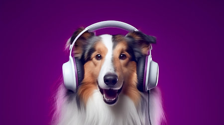 Photo of rough collie using headphone  on purple backgroundの素材