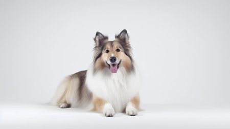 Photo of a rough collie on white backgroundの素材