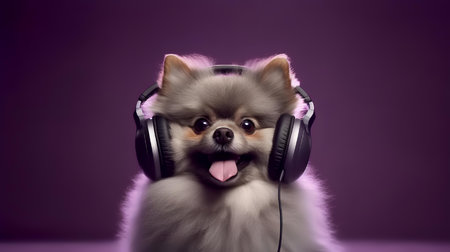 Photo of pomeranian dog using headphone  on purple backgroundの素材