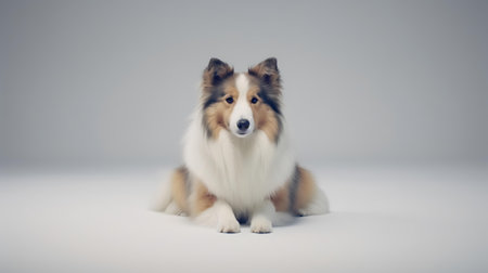 Photo of a rough collie on white backgroundの素材