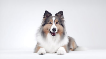 Photo of a rough collie on white backgroundの素材