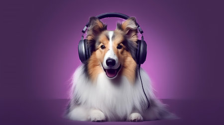 Photo of rough collie using headphone  on purple backgroundの素材