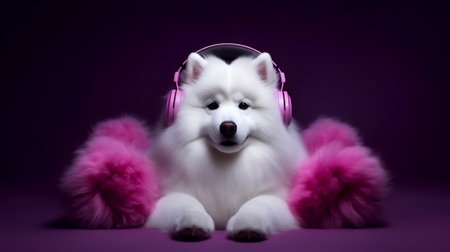 Photo of samoyed using headphone  on purple backgroundの素材