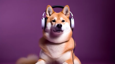 Photo of shiba inu using headphone  on purple backgroundの素材