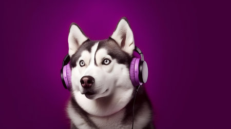 Photo of siberian husky using headphone  on purple backgroundの素材