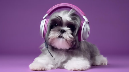 Photo of shih tzu using headphone  on purple backgroundの素材