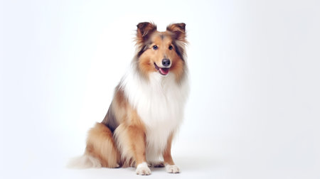Photo of a rough collie on white backgroundの素材