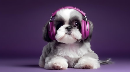 Photo of shih tzu using headphone  on purple backgroundの素材