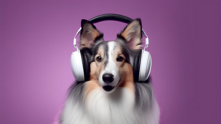 Photo of rough collie using headphone  on purple backgroundの素材