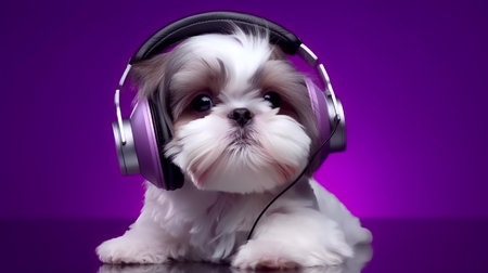 Photo of shih tzu using headphone  on purple backgroundの素材