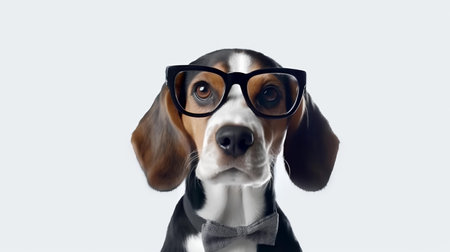 Photo of haughty Beagle using glasses  and office suit on white backgroundの素材