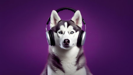 Photo of siberian husky using headphone  on purple backgroundの素材