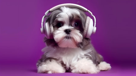 Photo of shih tzu using headphone  on purple backgroundの素材
