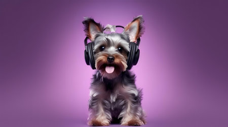 Photo of yorkshire terrier using headphone  on purple backgroundの素材