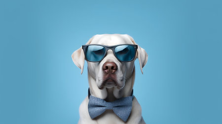Photo of haughty labrador retriever dog using sunglasses  and office suit on white backgroundの素材