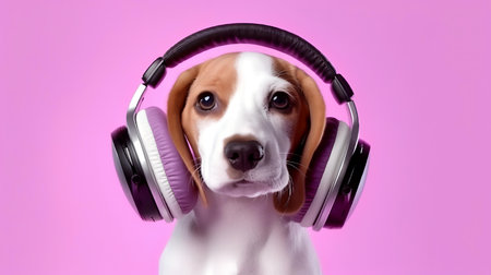 Photo of Beagle using headphone  on purple backgroundの素材
