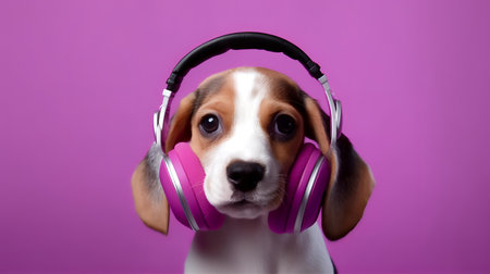 Photo of Beagle using headphone  on purple backgroundの素材