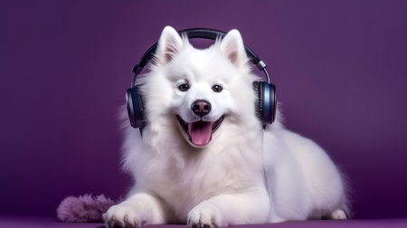 Photo of samoyed using headphone  on purple backgroundの素材