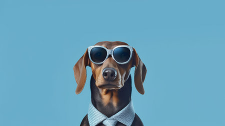 Photo of haughty dachshund using sunglasses  and office suit on white backgroundの素材
