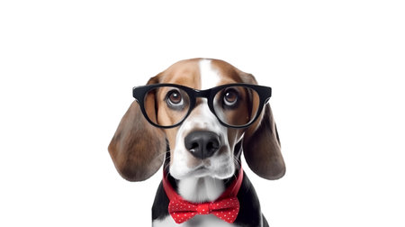 Photo of haughty Beagle using glasses  and office suit on white backgroundの素材