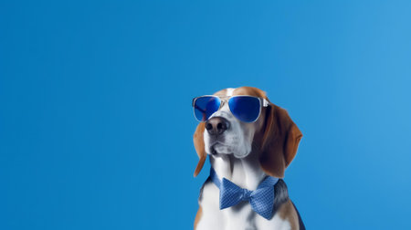 Photo of haughty Beagle using sunglasses  and office suit on white backgroundの素材