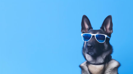 Photo of haughty german shepherd using sunglasses  and office suit on white backgroundの素材