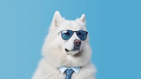 Photo of haughty samoyed dog using glasses  and office suit on white backgroundの素材