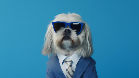 Photo of haughty lhasa apso dog using sunglasses  and office suit on white backgroundの素材