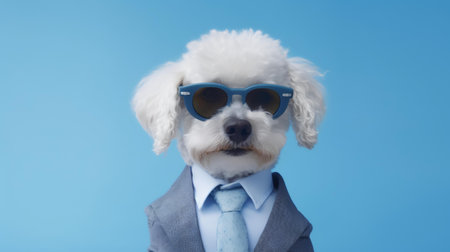 Photo of haughty poodle dog using sunglasses  and office suit on white backgroundの素材