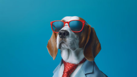 Photo of haughty Beagle using sunglasses  and office suit on white backgroundの素材