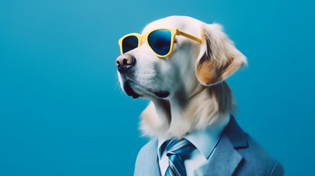 Photo of haughty golden retriever dog using sunglasses  and office suit on white backgroundの素材