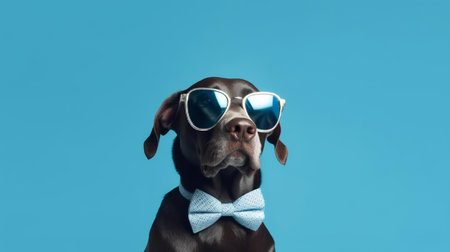 Photo of haughty labrador retriever dog using sunglasses  and office suit on white backgroundの素材