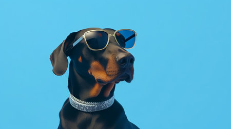 Photo of haughty doberman using sunglasses  and office suit on white backgroundの素材