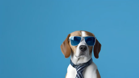 Photo of haughty Beagle using sunglasses  and office suit on white backgroundの素材