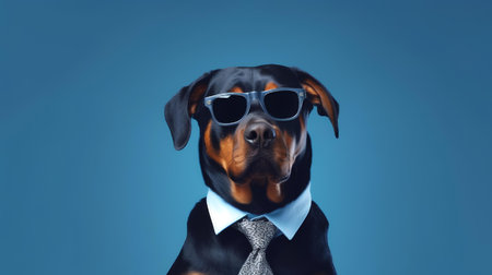 Photo of haughty Rottweiler dog using sunglasses  and office suit on white backgroundの素材