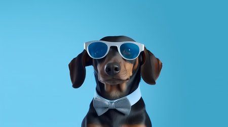 Photo of haughty dachshund using sunglasses  and office suit on white backgroundの素材