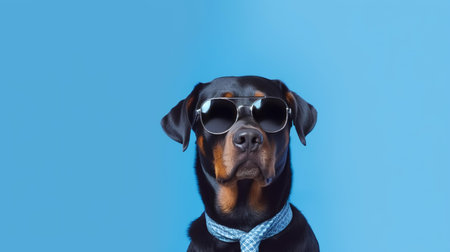 Photo of haughty Rottweiler dog using sunglasses  and office suit on white backgroundの素材