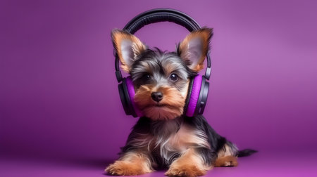 Photo of yorkshire terrier using headphone  on purple backgroundの素材