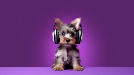 Photo of yorkshire terrier using headphone  on purple backgroundの素材