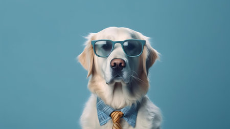Photo of haughty golden retriever dog using sunglasses  and office suit on white backgroundの素材