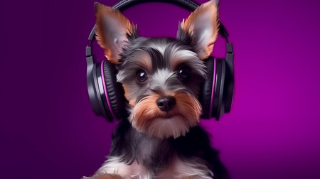 Photo of yorkshire terrier using headphone  on purple backgroundの素材
