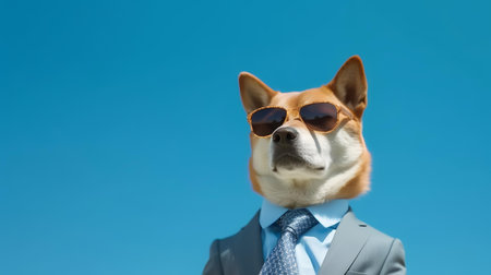 Photo of haughty shiba inu dog using glasses  and office suit on white backgroundの素材