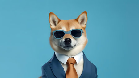 Photo of haughty shiba inu dog using glasses  and office suit on white backgroundの素材