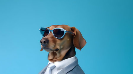 Photo of haughty dachshund using sunglasses  and office suit on white backgroundの素材